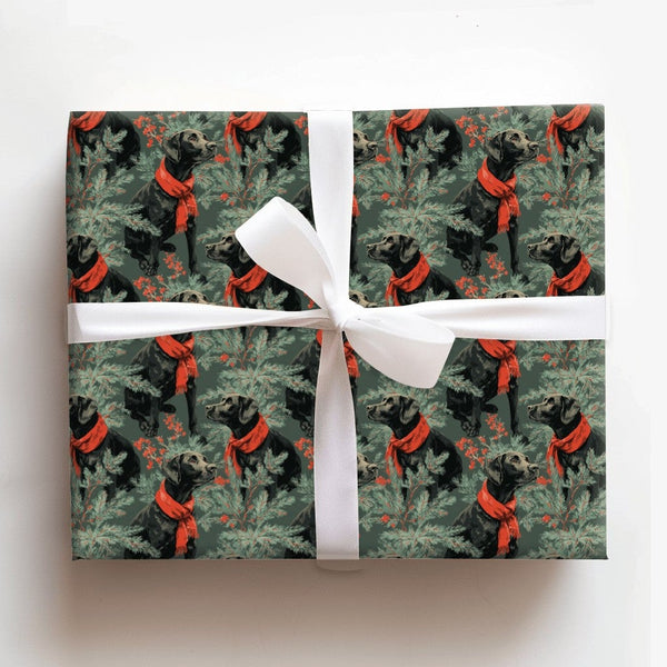 Red Scarf Dog Gift Wrap, Black Labrador Wrapping Paper, Christmas Lab Wrapping Paper, Winter Pine Pet Gift Wrap, Dog Lover Ho
