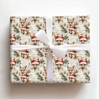 Watercolor Woodland Fox Gift Wrap, Christmas Fox Wrapping Paper, Santa Hat Fox Wrapping Paper, Rustic Winter Animal Holiday Present Wrap