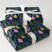 Navy Blue Christmas Gift Wrap, Pink and Gold Ornament Wrapping Paper, Watercolor Bauble Holiday Wrapping Paper, Festive Wrapping Paper