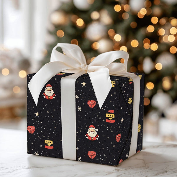 Adorable Cartoon Christmas Gift Wrap, Starry Night Santa Wrapping Paper, Holiday Bell Snowflake Wrapping Paper, Festive Winte
