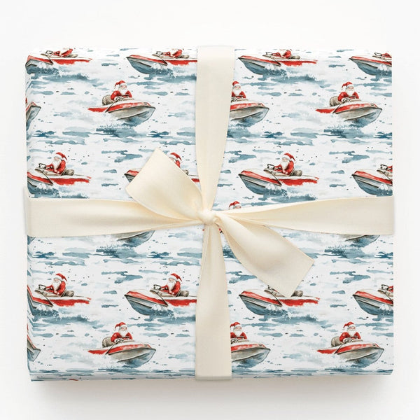 Coastal Watercolor Holiday Gift Wrap, Jet Ski Santa Christmas Wrapping Paper, Ocean Santa Wrapping Paper, Beach Lover Christm