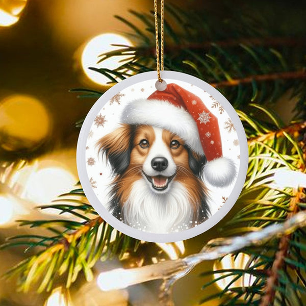 Adorable Santa Hat Puppy Ornament, Papillon Dog Christmas Ornament, Ceramic Pet Keepsake Ornament, Holiday Tree Hanging Decor