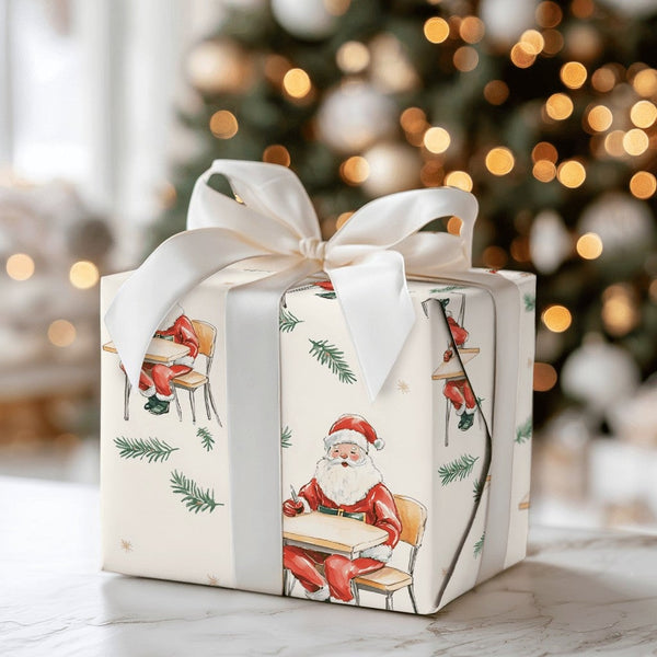 Watercolor Teacher Christmas Gift Wrap, Santa at School Desk Wrapping Paper, Pine Needle Santa Gift Wrapping Paper, Teacher H