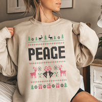 Festive Reindeer Pattern Sweater, Peace Ugly Christmas Sweatshirt, Comfy Holiday Season Crewneck, Retro Winter Xmas Pullover