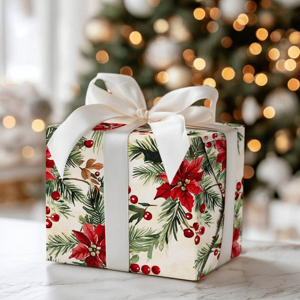 Holly Berry Christmas Wrapping Paper, Watercolor Poinsettia Wrapping Paper, Pine Botanical Gift Wrap, Vintage Holiday Floral 