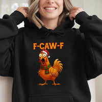 Humorous Christmas Meme Graphic Sweatshirt, F-Caw-F Chicken Hoodie, Comfy Poultry Lover Hooded Pullover, Novelty Holiday Chicken Hoodie Present
