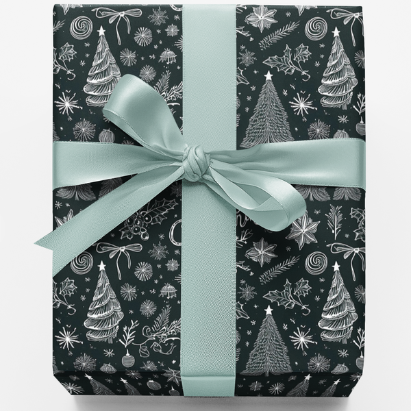 Hand-Drawn Tree Holiday Gift Wrap, Black and White Christmas Wrapping Paper, Modern Winter Wrapping Paper, Minimalist Xmas Gi
