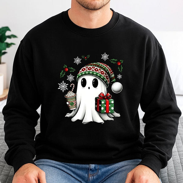 Adorable Spooky Festive Ghost Holiday Sweater, Christmas Ghost Sweatshirt, Humorous Christmas Season Graphic Crewneck, Comfy 
