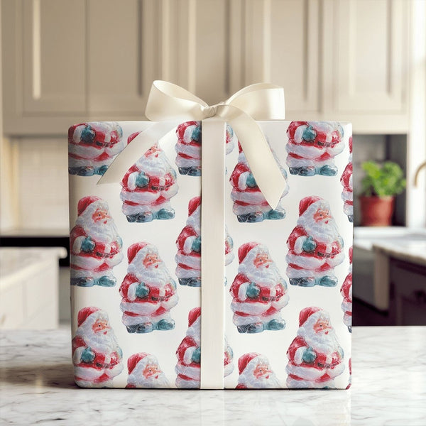 Retro Santa Figurine Gift Wrap, Vintage Santa Wrapping Paper, Watercolor Christmas Wrapping Paper, Nostalgic Holiday Gift Wra