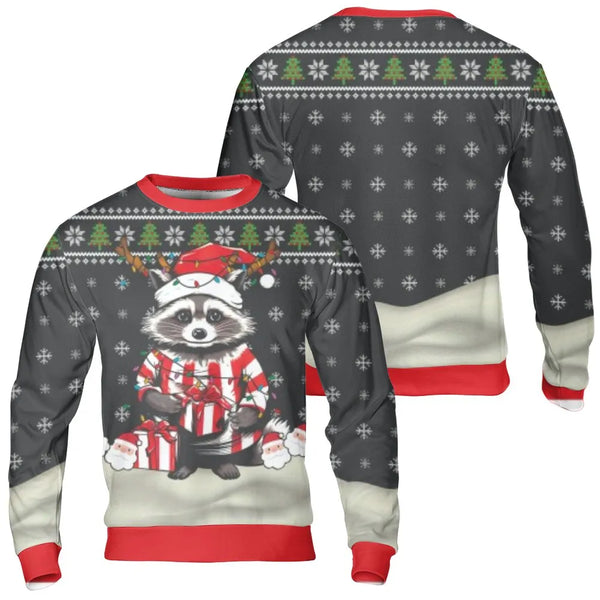 Festive Reindeer Antlers Sweater, Christmas Raccoon Sweatshirt, Humorous Trash Panda Xmas Lights Crewneck, Holiday Animal Pul