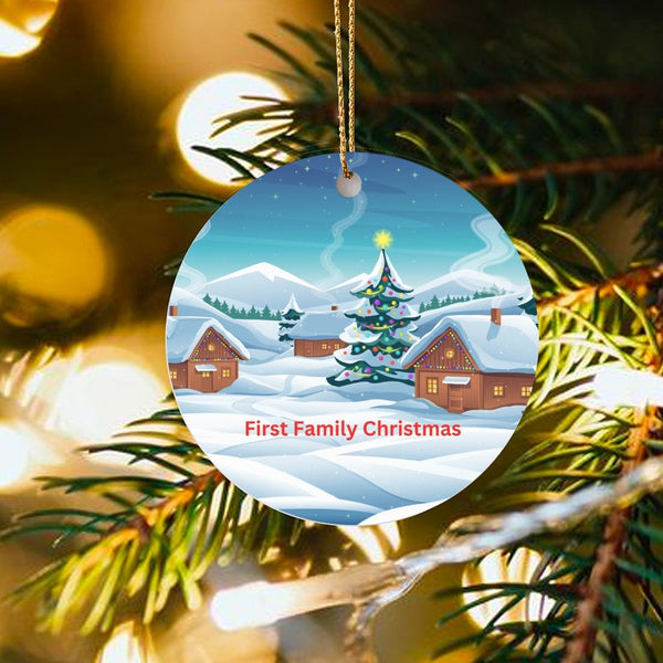 Snowy Winter Village Scene Ornament, First Family Christmas Ornament, Ceramic Holiday Tree Ornament, New Family Keepsake Pres