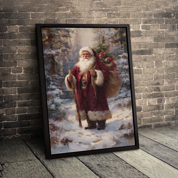 Snowy Forest Christmas Painting, Vintage Santa Claus Canvas Wall Art, Santa Claus Canvas Print, Holiday Forest Canvas Art, Ch