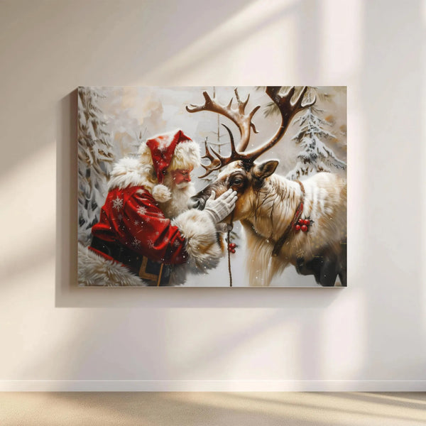 Snowy Forest Christmas Canvas Print, Santa Claus Reindeer Canvas Wall Art, Holiday Santa Canvas Art, Vintage Winter Wall Deco