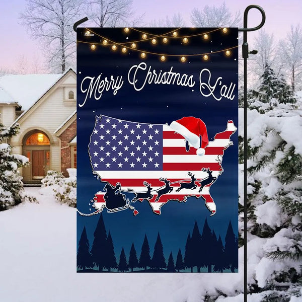 Patriotic American Flag USA Map Yard Flag, Merry Christmas Y'all Garden Flag, Southern Holiday Lawn Banner, Winter Xmas Decor