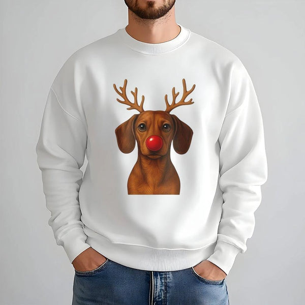 Adorable Wiener Dog Holiday Crewneck, Dachshund Reindeer Christmas Sweatshirt, Festive Doxie Puppy Sweater, Xmas Dog Lover Pu
