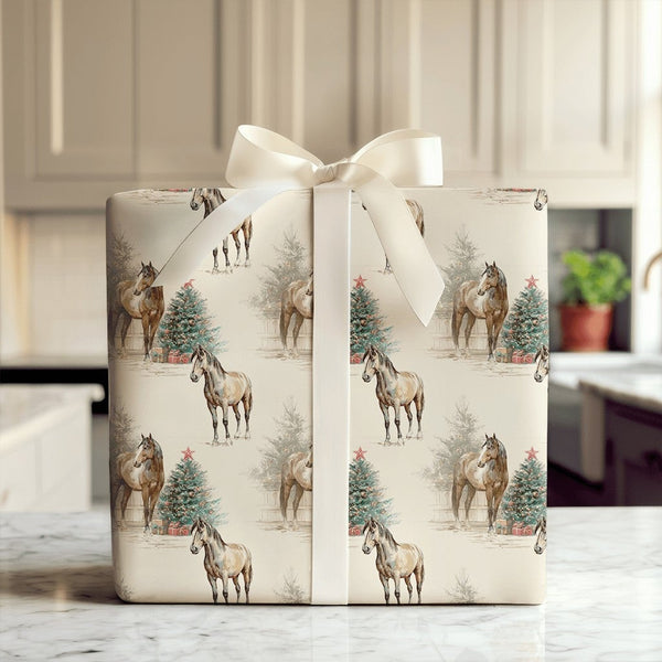 Equestrian Christmas Tree Gift Wrap, Watercolor Horse Wrapping Paper, Rustic Country Horse Wrapping Paper, Holiday Equestrian