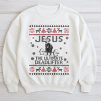 Humorous Gym Xmas Sweatshirt, Jesus Deadlifter Ugly Christmas Sweatshirt, Christian Weightlifting Holiday Sweatshirt, Fitness Lover Sweater