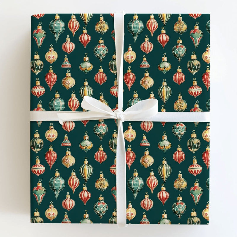Retro Christmas Ornament Gift Wrap, Vintage Ornament Wrapping Paper, Classic Dark Green Wrapping Paper, Holiday Present Gift Wrap Roll