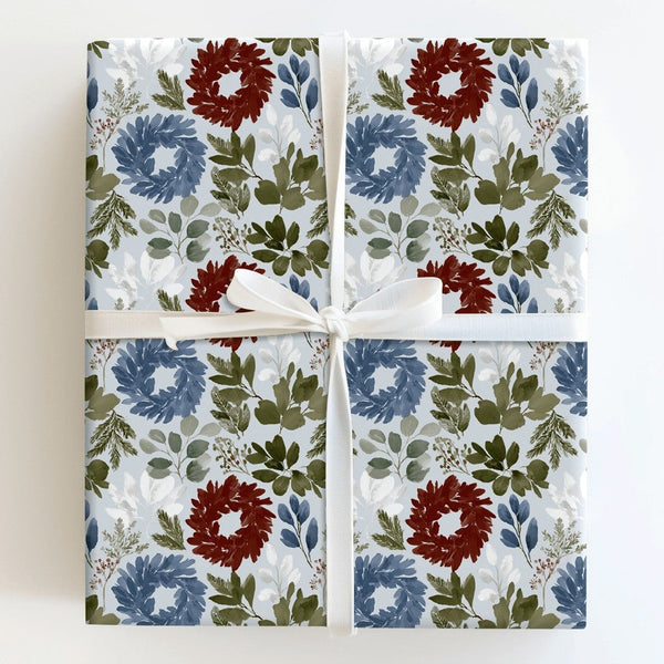 Red and Blue Holiday Wrapping Paper, Watercolor Wreath Christmas Wrapping Paper, Botanical Wreath Gift Wrap, Winter Wrapping 