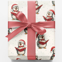 Whimsical Winter Animal Gift Wrap, Snowy Caroling Penguin Wrapping Paper, Adorable Christmas Present Paper, Holiday Penguin Wrapping Paper