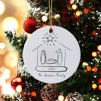 Minimalist Doodle Nativity Ornament, Personalized Nativity Christmas Ornament, Ceramic Holiday Ornament, Christian Family Keepsake Present