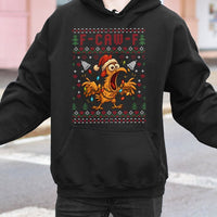 Humorous Screaming Chicken Holiday Hoodie, F-Caw-F Ugly Christmas Hoodie, Poultry Pun Xmas Sweatshirt, Humorous Rooster Hooded Pullover Hoodie