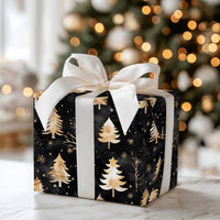 Black Christmas Gift Wrap, Gold and White Tree Wrapping Paper, Modern Winter Forest Present Wrap, Elegant Holiday Night Gift Wrapping Paper