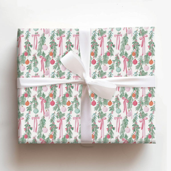 Pink Ribbon Christmas Gift Wrap, Watercolor Garland Wrapping Paper, Elegant Holiday Wrapping Paper, Festive Winter Xmas Gift 