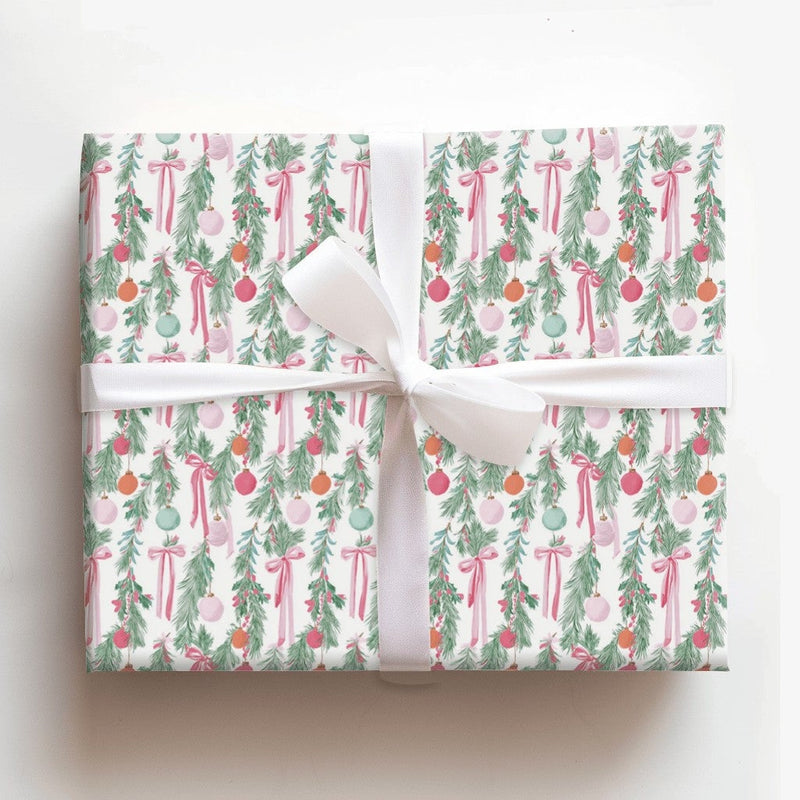 Pink Ribbon Christmas Gift Wrap, Watercolor Garland Wrapping Paper, Elegant Holiday Wrapping Paper, Festive Winter Xmas Gift Wrap Roll
