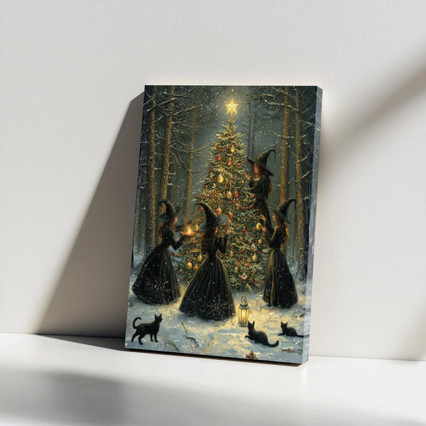 Snowy Forest Fantasy Canvas Print, Witch Christmas Tree Canvas Wall Art, Spooky Winter Holiday Wall Decor, Witchy Aesthetic P