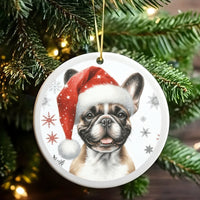 Santa Hat Frenchie Ornament, French Bulldog Christmas Ornament, Adorable Dog Holiday Tree Ornament, Ceramic Dog Lover Keepsake, Xmas Pet Present