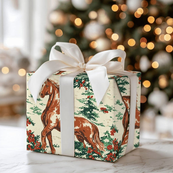 Equestrian Holiday Gift Wrap, Vintage Horse Christmas Wrapping Paper, Rustic Pony Pine Tree Wrapping Paper, Winter Holiday Ho