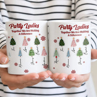 Festive Tree Names Snowflakes Coffee Mug, Party Ladies Christmas Mug, Holiday Girl Squad Ceramic Cup, Xmas Friend Mug Present