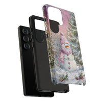 Winter Forest Snowy Landscape Phone Case, Whimsical Pink Snowman Samsung Phone Case, Dual Layer Tough Phone Cover, Christmas Holiday Present