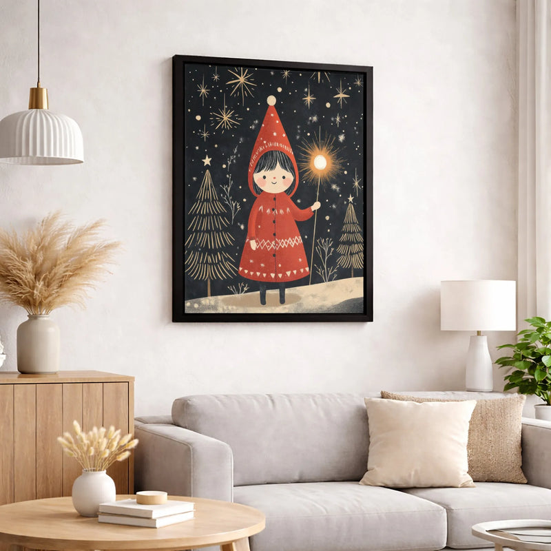 Whimsical Gnome Canvas Print, Winter Forest Girl Canvas Wall Art, Star Wand Holiday Canvas, Magical Christmas Wall Decor, Winter Art Present
