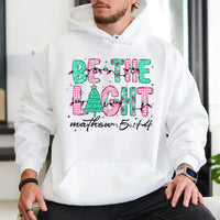 14 Hoodie, Be the Light Matthew 5, Christian Christmas Hooded Sweatshirt, Pink Green Plaid Holiday Pullover, Faith Present for Her