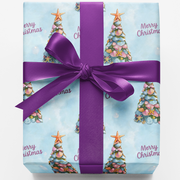 Beach Shell Tree Gift Wrap, Coastal Christmas Wrapping Paper, Nautical Holiday Wrapping Paper, Coastal Xmas Gift Wrap, Ocean 