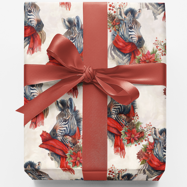 Festive Winter Scarf Gift Wrap, Zebra Christmas Wrapping Paper, Poinsettia Safari Animal Present Paper, Dog Lover Xmas Wrappi