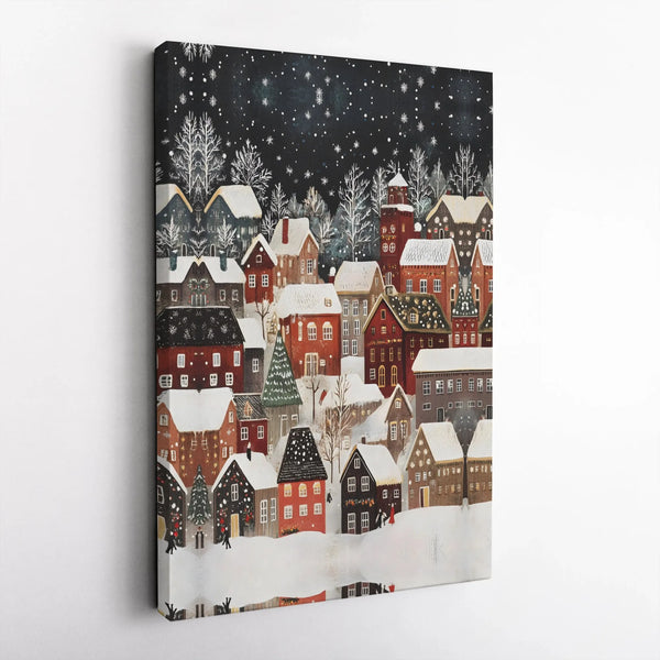 Snowy Night Town Scenery Canvas Print, Winter Village Canvas Wall Art, Comfy Christmas Wall Art, Holiday Landscape Canvas, Wi