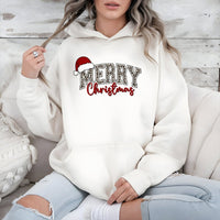 Festive Santa Hat Holiday Sweatshirt, Merry Christmas Leopard Print Hoodie, Adorable Xmas Winter Hooded Pullover, Christmas Season Hoodie