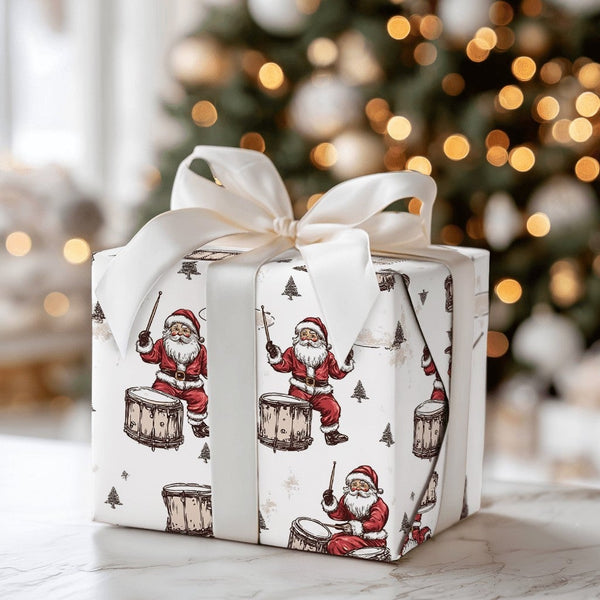 Drumming Santa Claus Gift Wrap, Drummer Santa Christmas Wrapping Paper, Vintage Musician Wrapping Paper, Drummer Holiday Wrap