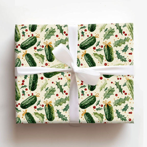 Humorous Holiday Pickle Ornament Gift Wrap, Christmas Pickle Wrapping Paper, Whimsical Secret Santa Wrapping Paper, Adorable 