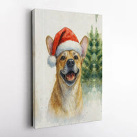 Watercolor Dog in Santa Hat Print, Smiling Christmas Puppy Canvas Art, Adorable Holiday Puppy Wall Decor, Festive Dog Lover Canvas Present