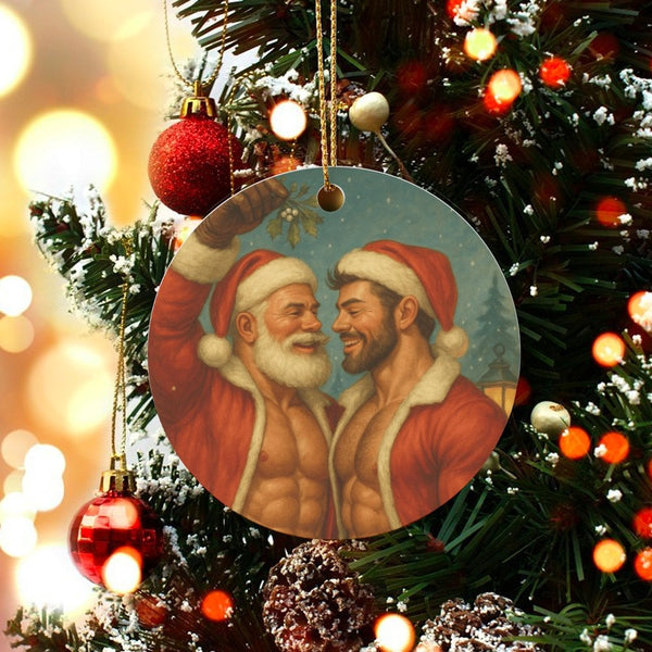 Romantic Mistletoe Kiss Ornament, Gay Santa Couple Ceramic Ornament, LGBTQ Holiday Tree Decor, Adorable Pride Christmas Keeps