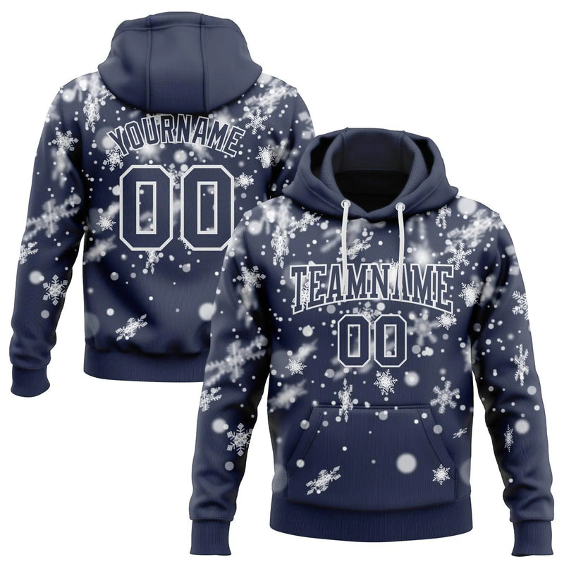 Christmas Sports Pullover Hoodie, Custom Navy Snowflake Hoodie, Personalized Name and Number Hoodie, Holiday Team Sweatshirt, Xmas Present