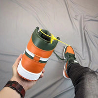 Sneakers, Black Green Orange Colorway, Patent Leather Footwear, Lace Up Design, Casual Gift for Sneaker Fans