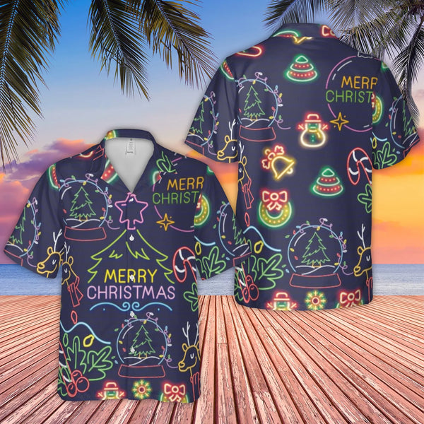 Reindeer Snow Globe Hawaiian Shirt, Neon Christmas Hawaiian Shirt, Holiday Party Button Up Shirt, Retro Xmas Aloha Shirt, Chr