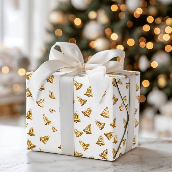 Shimmer Holiday Bells Gift Wrap, Golden Bell Wrapping Paper, White and Gold Christmas Wrapping Paper, Festive Winter Holiday 