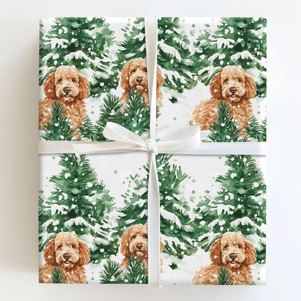 Watercolor Winter Dog Gift Wrap, Goldendoodle Christmas Wrapping Paper, Snowy Pine Forest Wrapping Paper, Doodle Dog Gift Wra