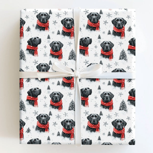 Red Scarf Dog Holiday Gift Wrap, Black Lab Christmas Wrapping Paper, Black Labrador Xmas Wrapping Paper, Puppy Lover Winter G